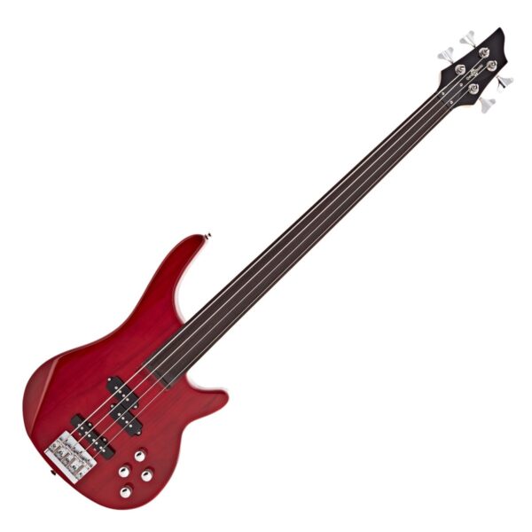 Chicago Fretless Bass Guitar Trans Red 15W Bass Amp & Accessory Pack