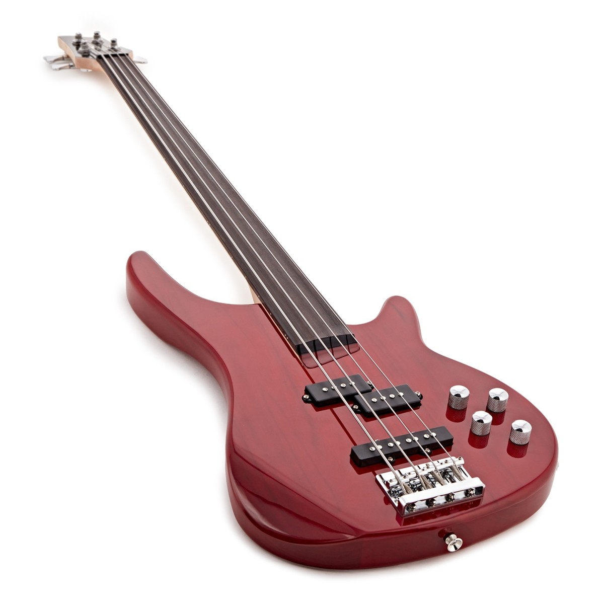 Chicago Fretless Bass Guitar Trans Red 15W Bass Amp & Accessory Pack
