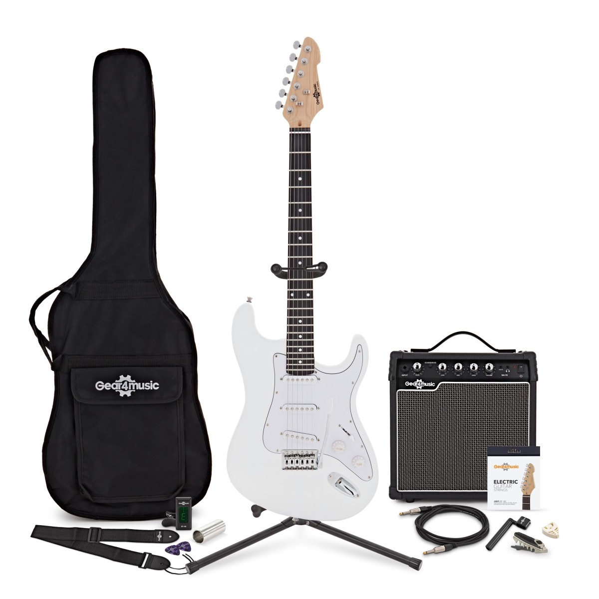 LA Electric Guitar White 15W Guitar Amp & Ultimate Accessory Pack
