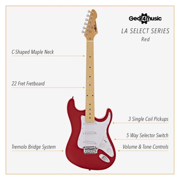 LA Select Electric Guitar Red 15W Guitar Amp & Accessory Pack