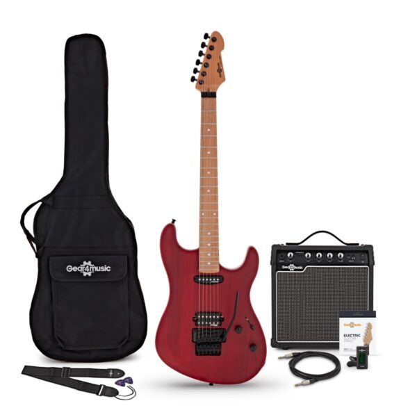 LA Select Modern Electric Guitar Transparent Ruby Red 15W Guitar Amp & Accessory Pack