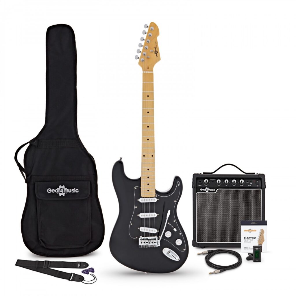 LA Select Electric Guitar Black 15W Guitar Amp & Accessory Pack