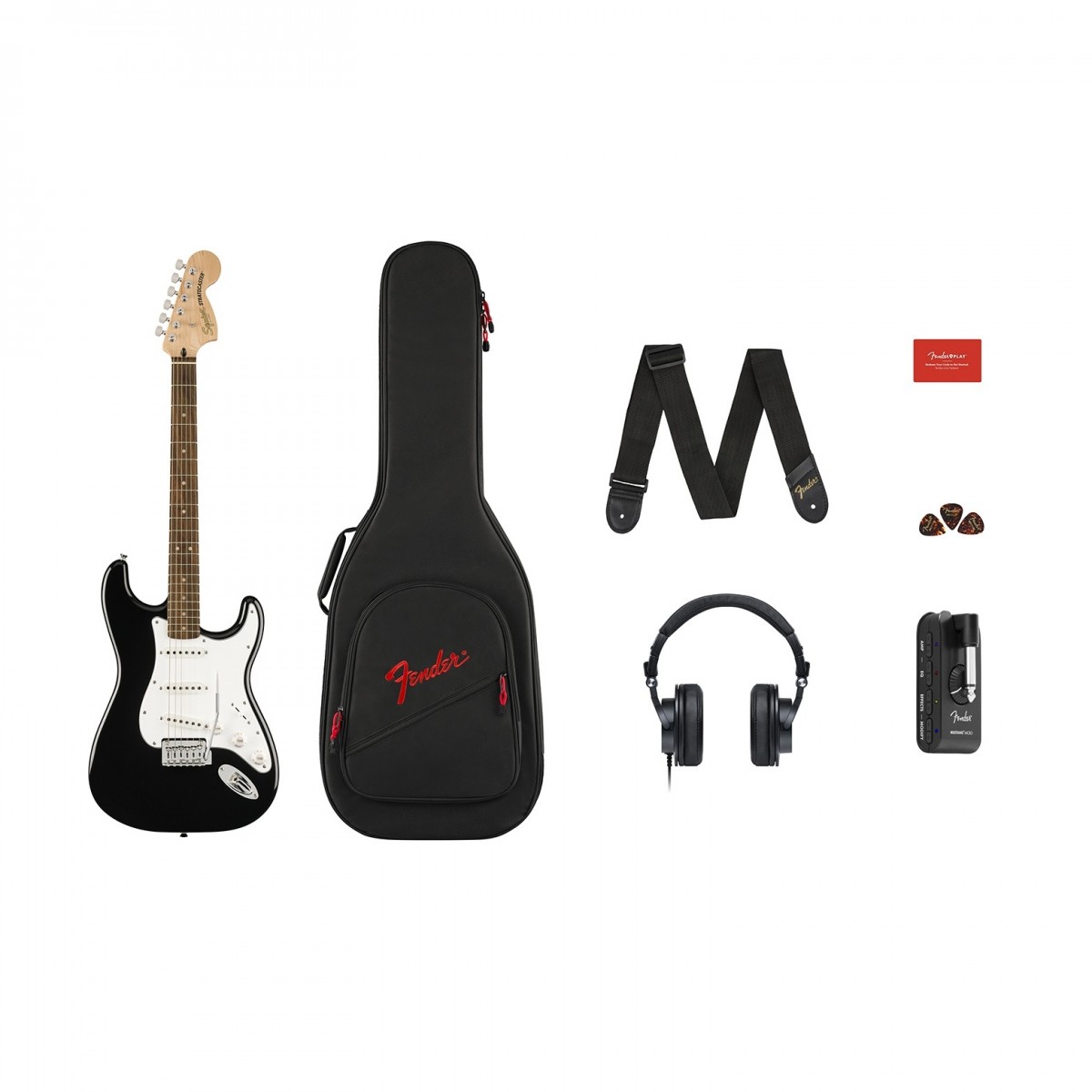 Squier Affinity Series Stratocaster Mustang Micro Pack Black with Gig Bag and HD9 Headphones