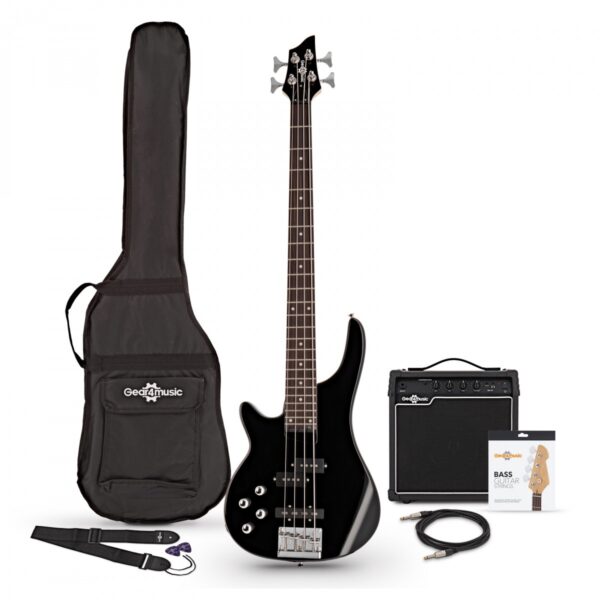 Chicago Left Handed Bass Guitar Black 15W Bass Amp & Accessory Pack