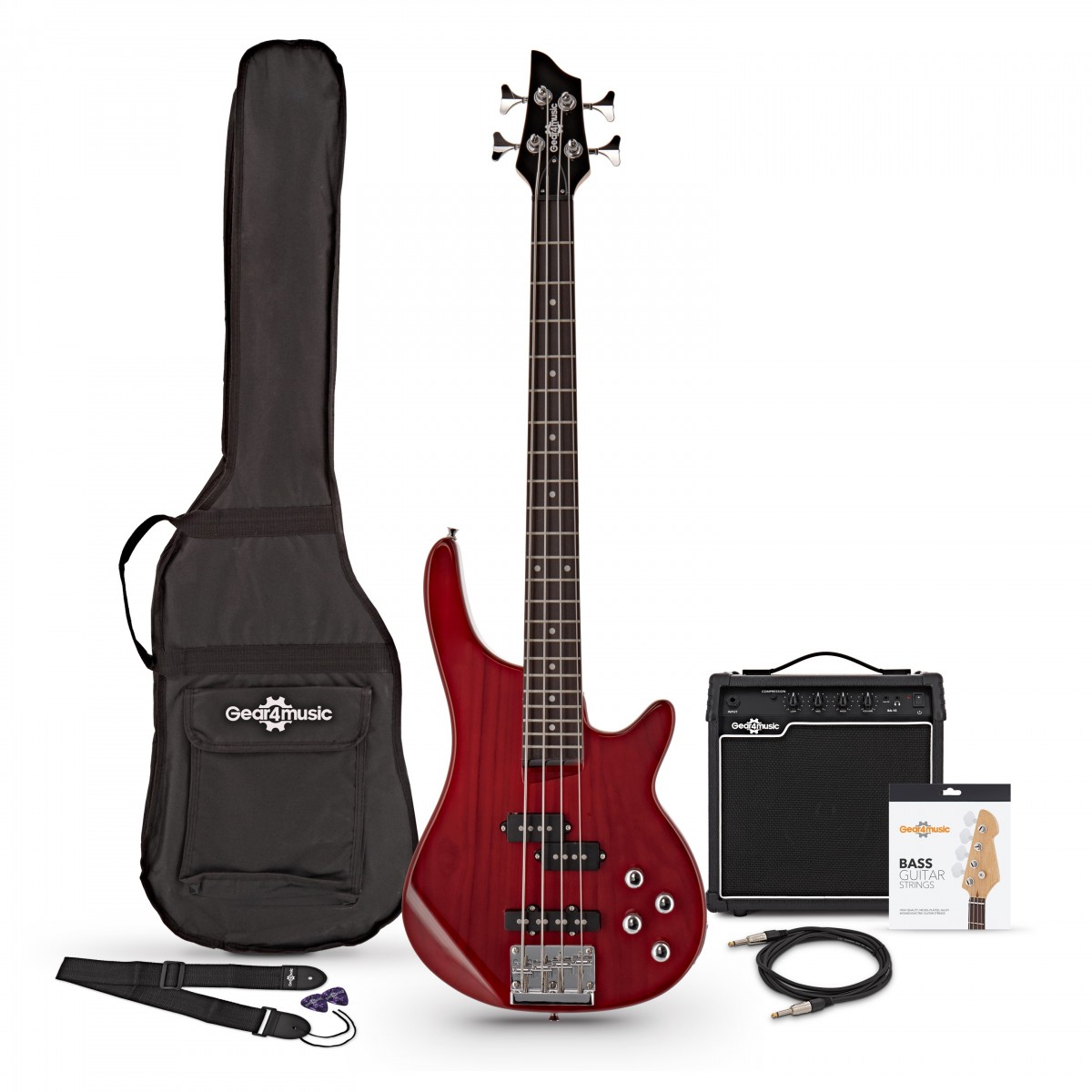 3/4 Chicago Bass Guitar Trans Red 15W Bass Amp & Accessory Pack