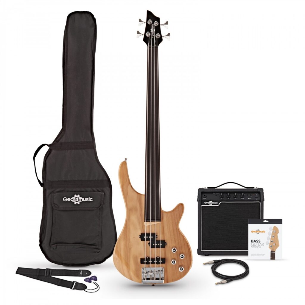 Chicago Fretless Bass Guitar Natural 15W Bass Amp & Accessory Pack