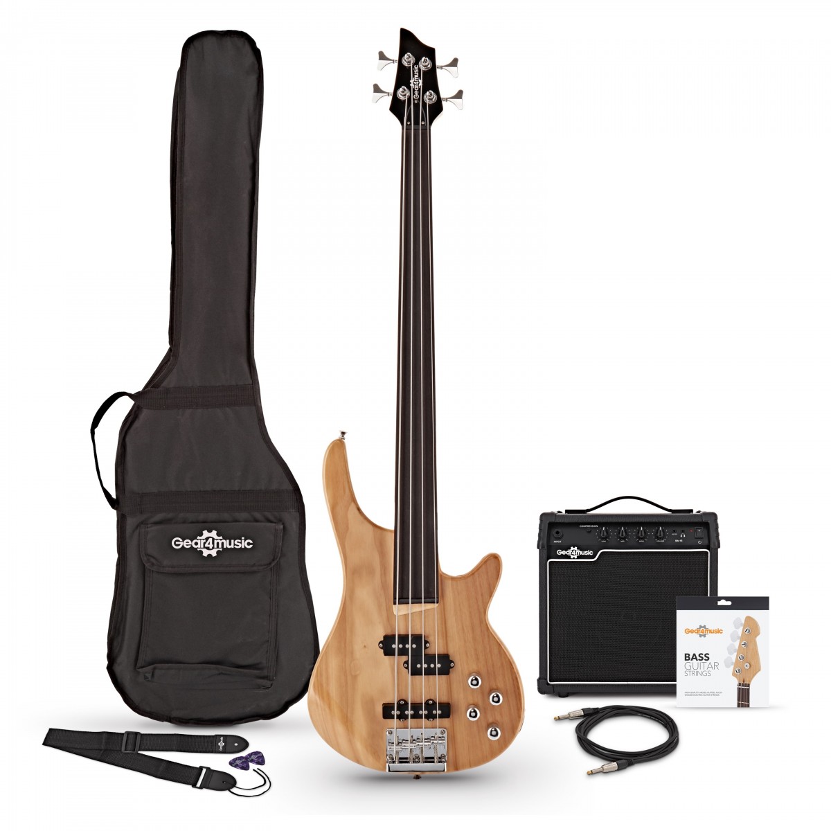 Chicago Fretless Bass Guitar Natural 15W Bass Amp & Accessory Pack