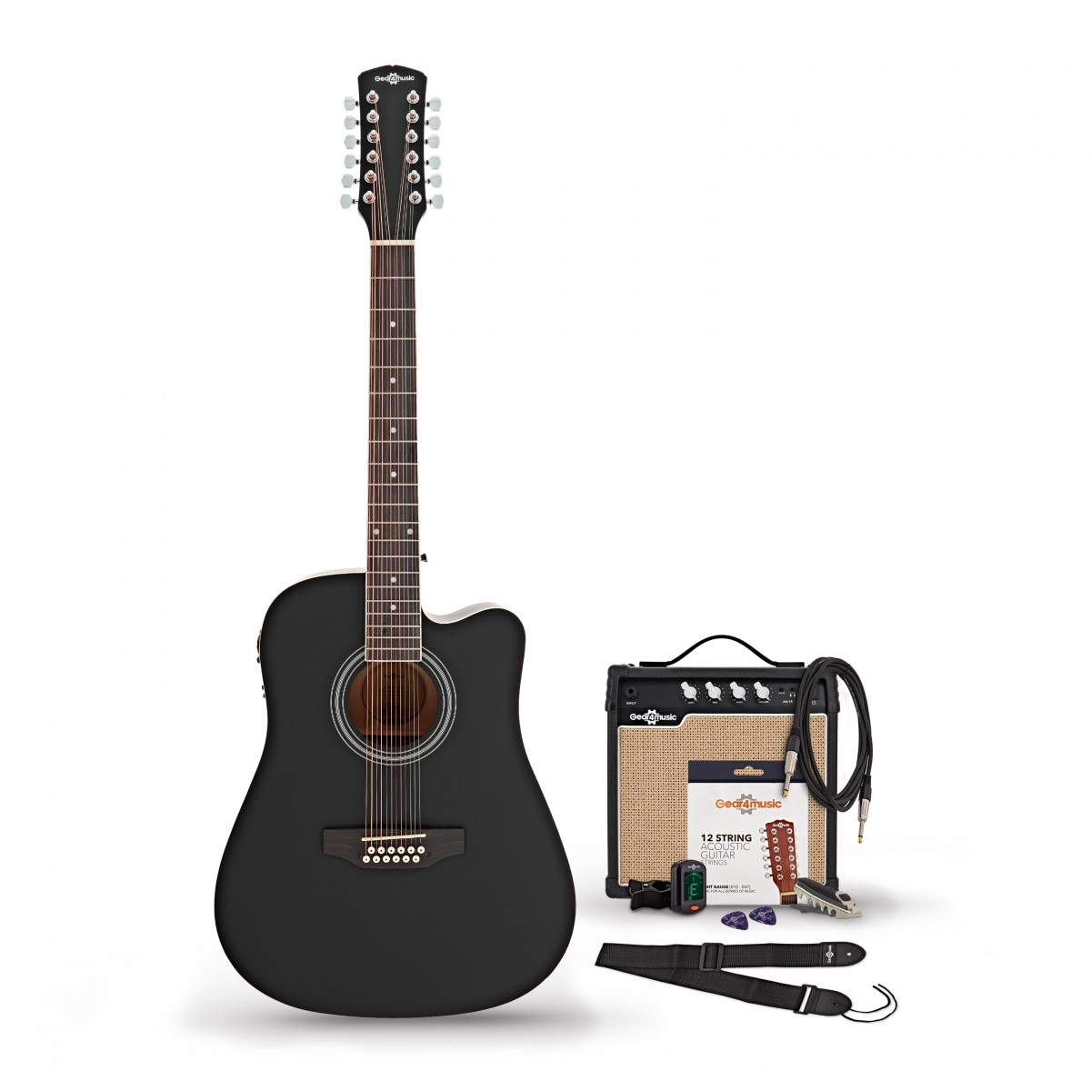 Dreadnought 12 String Electro Acoustic Guitar Black 15W Acoustic Amp & Accessory Pack