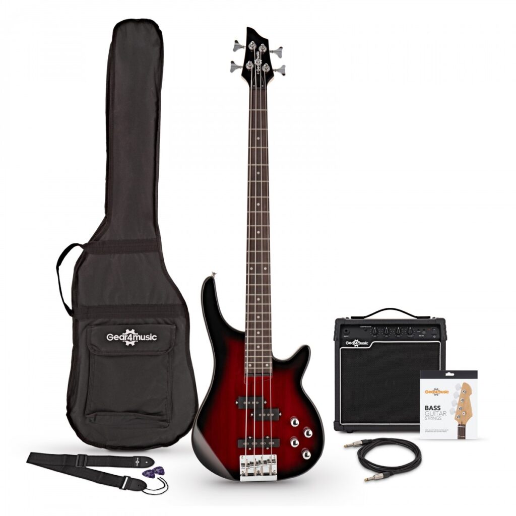 Chicago Bass Guitar Trans Red Burst 15W Bass Amp & Accessory Pack