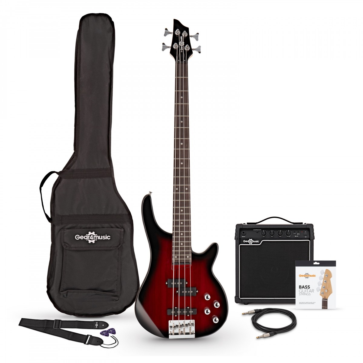 Chicago Bass Guitar Trans Red Burst 15W Bass Amp & Accessory Pack