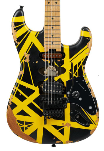 EVH Striped Series Frankenstein Frankie Electric Guitar in Black with Yellow Stripes Aged - Image 2