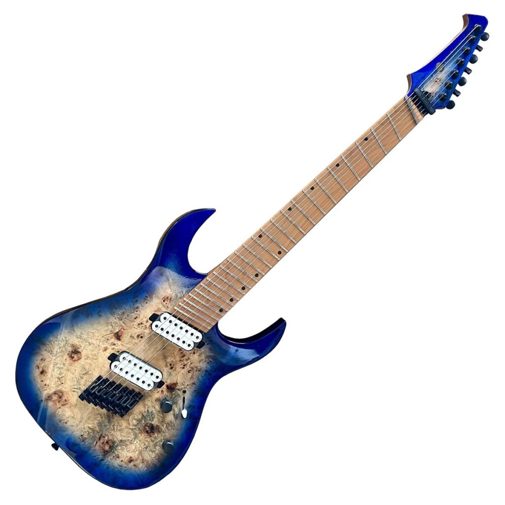 Spira Guitars S-457 Multiscale Poplar Burl Trans Blue