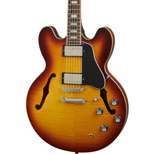 Epiphone Inspired by Gibson ES-335 Figured Semi-Hollow Electric Guitar in Raspberry Tea Burst, Indian Laurel Fingerboard - Image 1