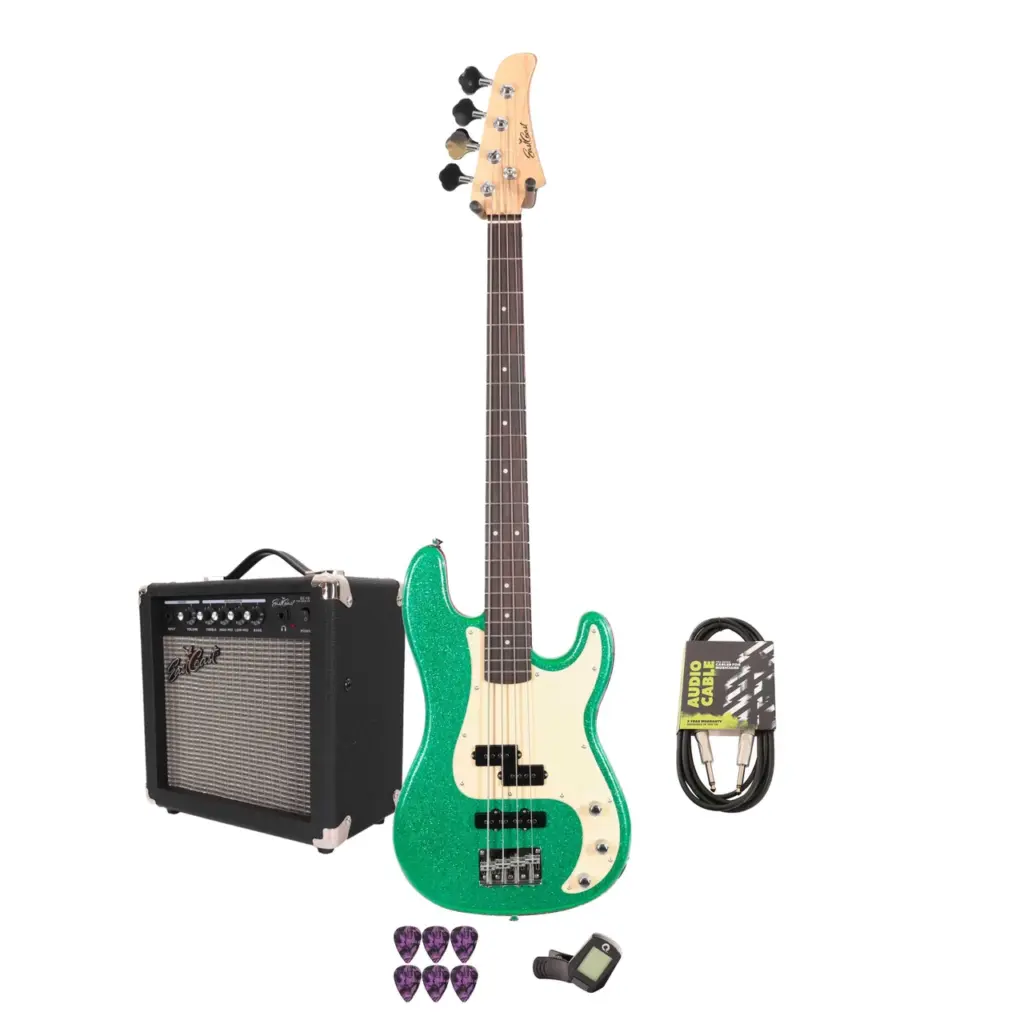 EastCoast PJ4 Bass Guitar Starter Pack in Emerald Sparkle with 15W Amp & Accessories