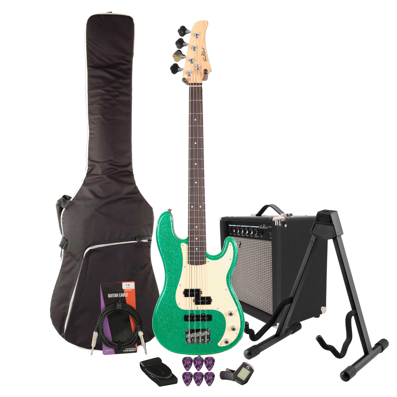 EastCoast PJ4 Bass Guitar Starter Pack in Emerald Sparkle with 25W Amp & Accessories - Image 1