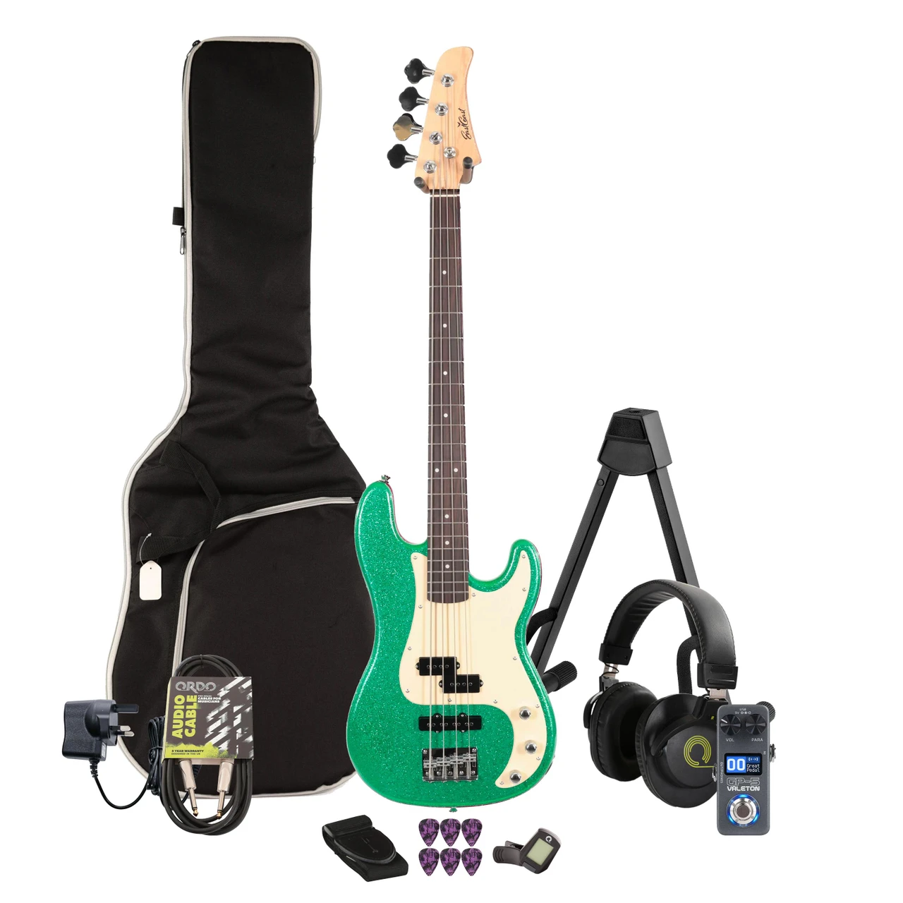 EastCoast PJ4 Bass Guitar in Emerald Sparkle Multi-FX & Modelling Bundle with Accessories - Image 1