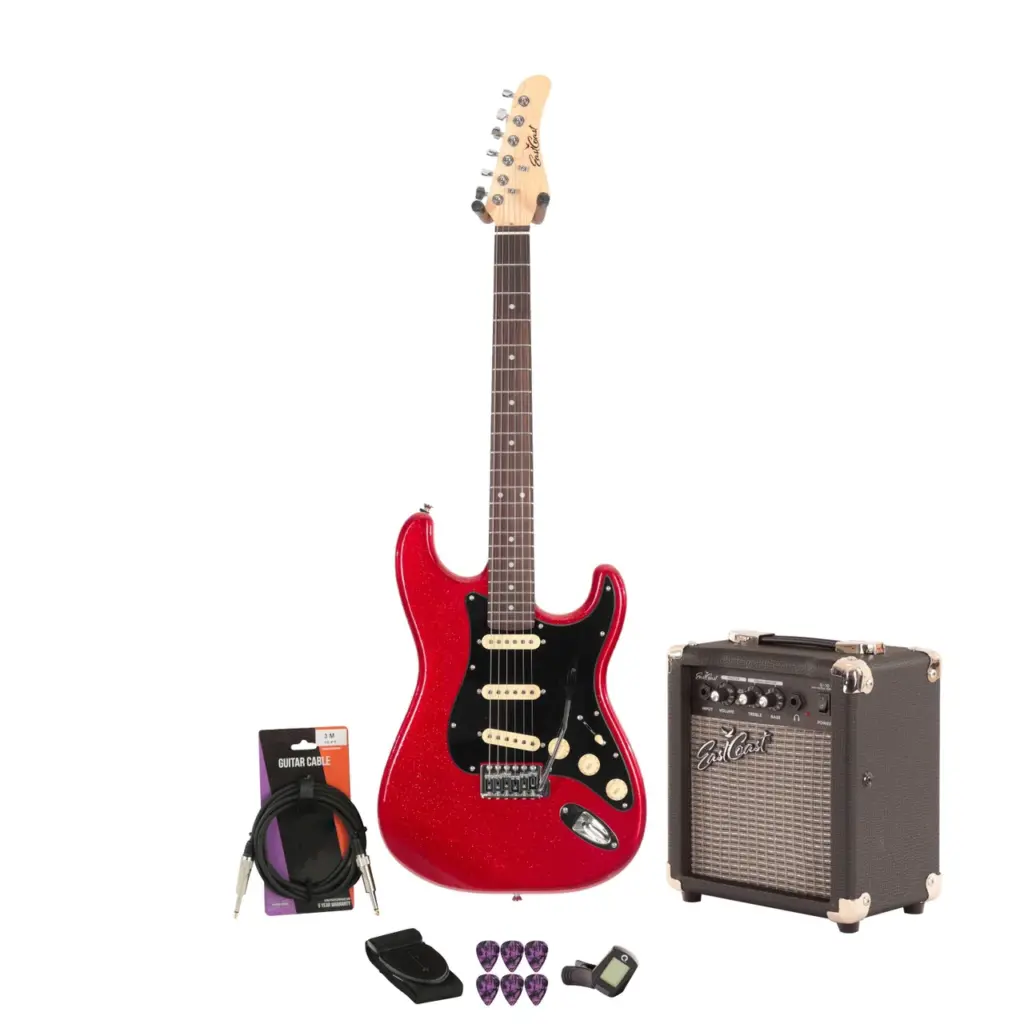 EastCoast ST1 Electric Guitar Starter Pack in Ruby Sparkle with 10W Amp & Accessories