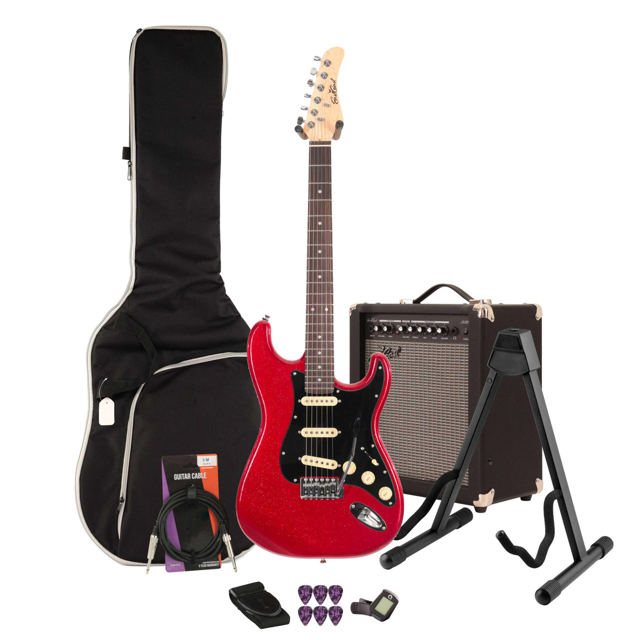 EastCoast ST1 Electric Guitar Starter Pack in Ruby Sparkle with 35W Amp & Accessories - Image 1