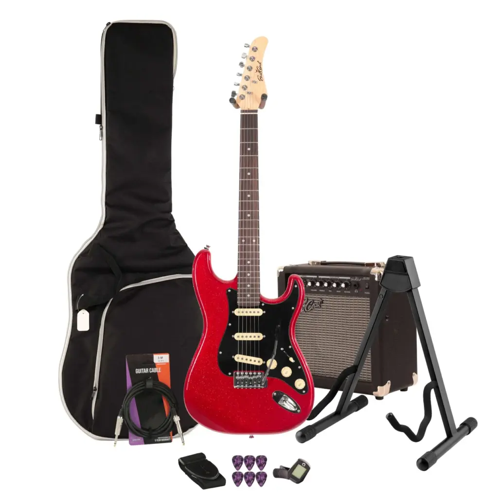 EastCoast ST1 Electric Guitar Starter Pack in Ruby Sparkle with 15W Amp & Accessories