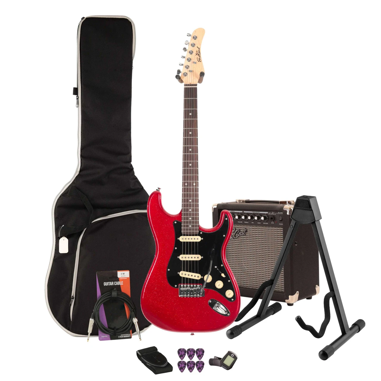 EastCoast ST1 Electric Guitar Starter Pack in Ruby Sparkle with 15W Amp & Accessories - Image 1