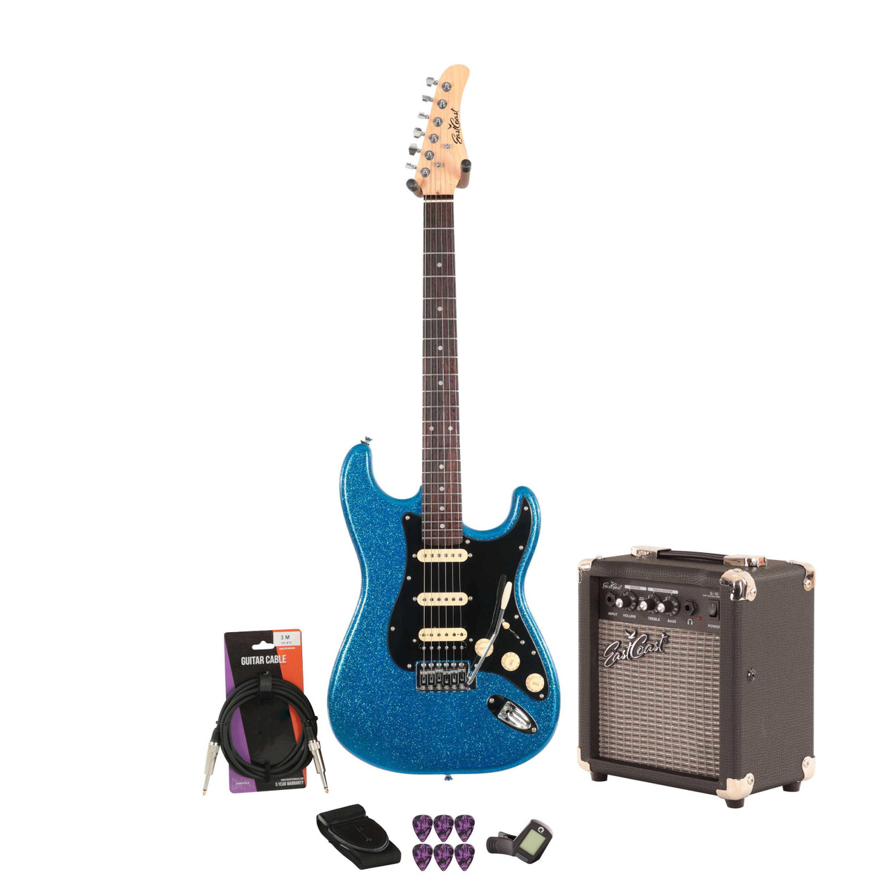 EastCoast ST2 Electric Guitar Starter Pack in Cerulean Sparkle with 10W Amp & Accessories - Image 1