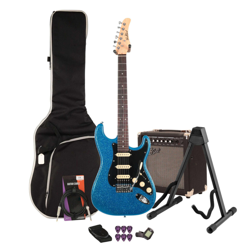 EastCoast ST2 Electric Guitar Starter Pack in Cerulean Sparkle with 15W Amp & Accessories