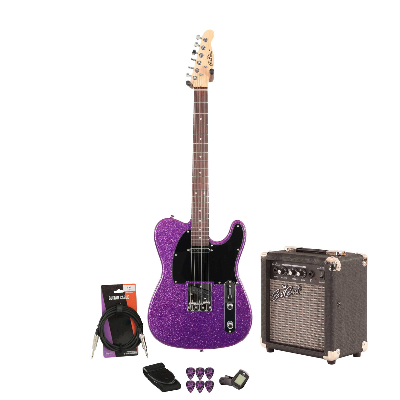 EastCoast T1 Electric Guitar Starter Pack in Orchid Sparkle with 10W Amp & Accessories - Image 1