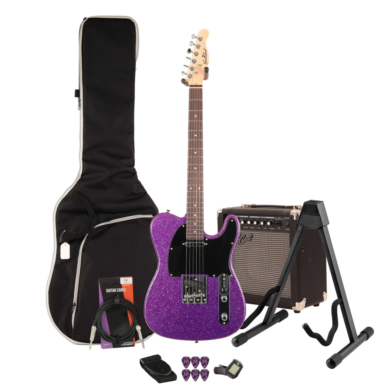 EastCoast T1 Electric Guitar Starter Pack in Orchid Sparkle with 15W Amp & Accessories - Image 1