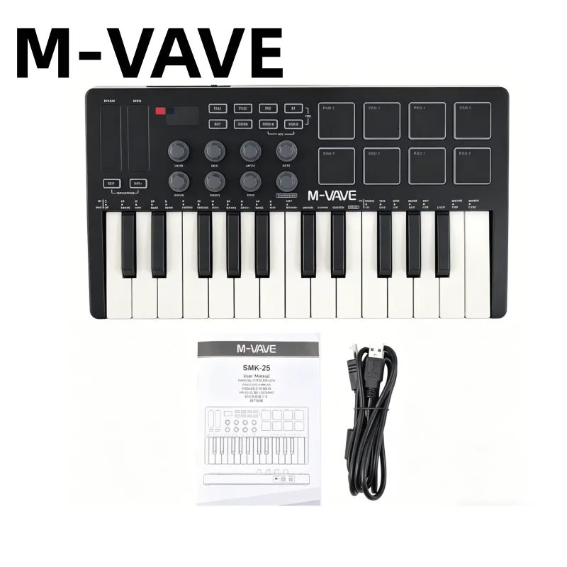 M-VAVE SMK-25 Black Portable MIDI Keyboard, 25 Keys, 8 RGB Pads, Wireless Piano Controller for Music Production, Studio & Live