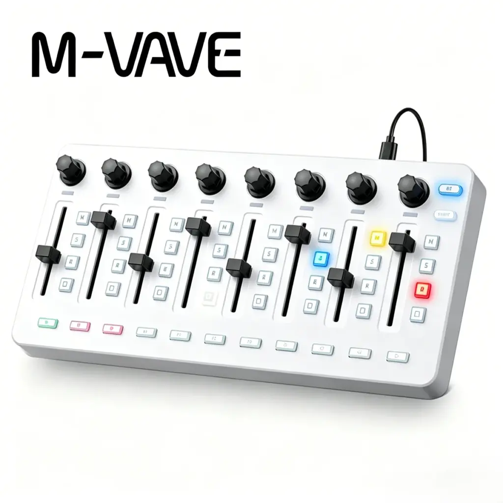 M-VAVE SMC-MIXER White Portable USB MIDI Keyboard Controller, 8 Channel Faders LED Indicator 43 Backlit Button 8 Endless Knobs